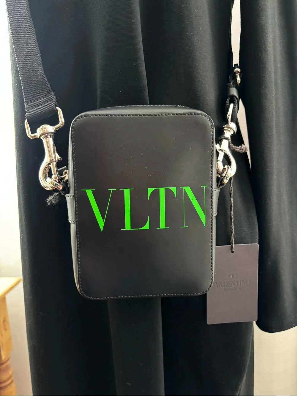 Valentino Garavani Unisex Black Leather Bag with Neon Green VLTN Logo NWT
